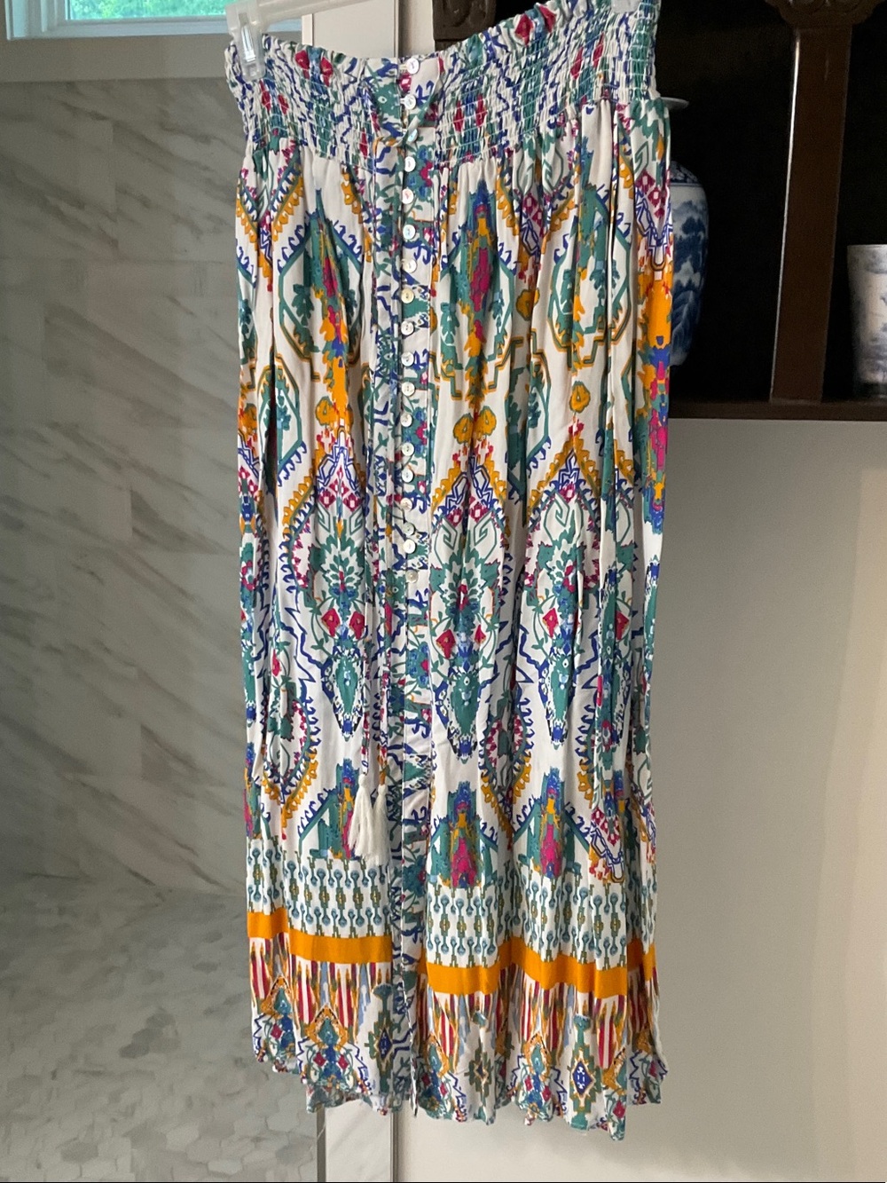 Christian Siriano White Multicolor Smocked Button-Front Maxi Skirt